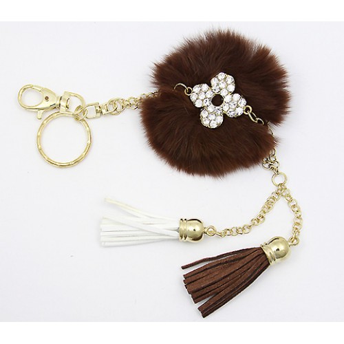 Key Chain - Rabbit Fur w/ Tassels - Brown - KC-AM2066BN